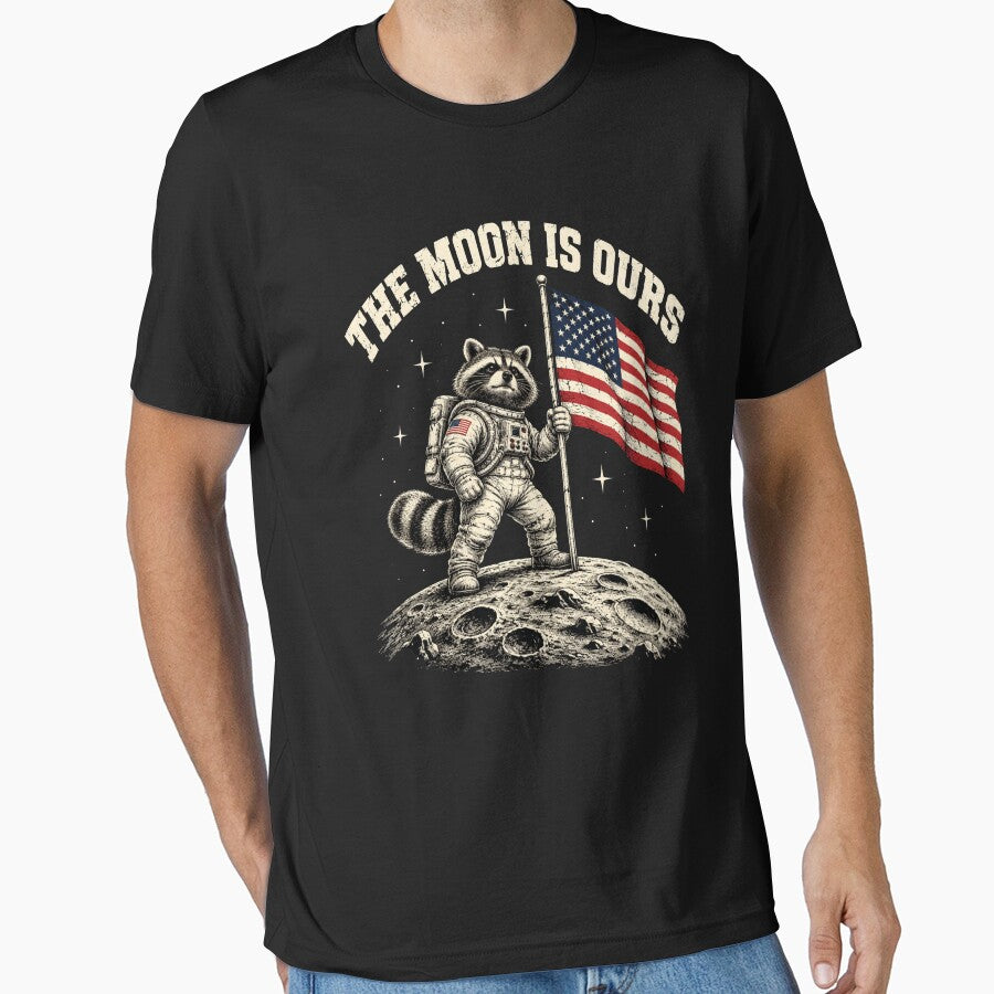 Space Racoon Astronaut Flag on the Moon Patriotic Art by ROUX-ART