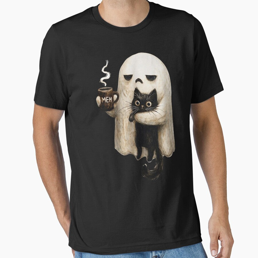 Retro Funny Ghost Holding Black Cat With Coffee by thefirstbroo