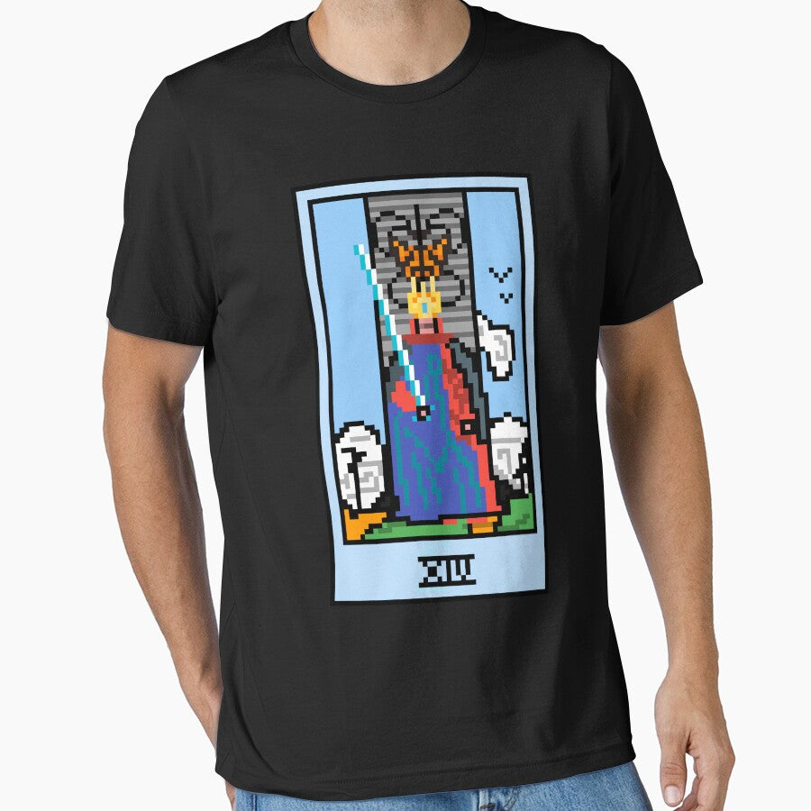 Wait, is this pixel art tarot? Black - Minor Arcana 'King of Swords' (Design for T-shirt, stickers and other accessories) by Pixel Waite