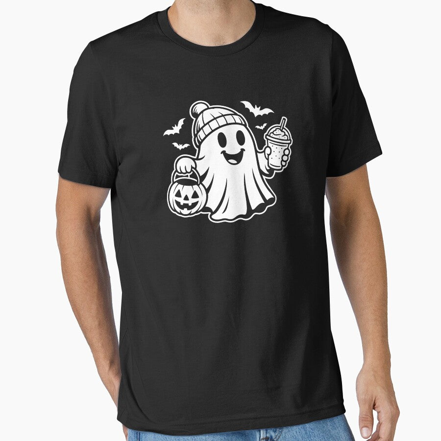 Cute Halloween Ghost with Pumpkin and Coffee | Cozy Spooky Art by Stinky Lincy's Apparel Company