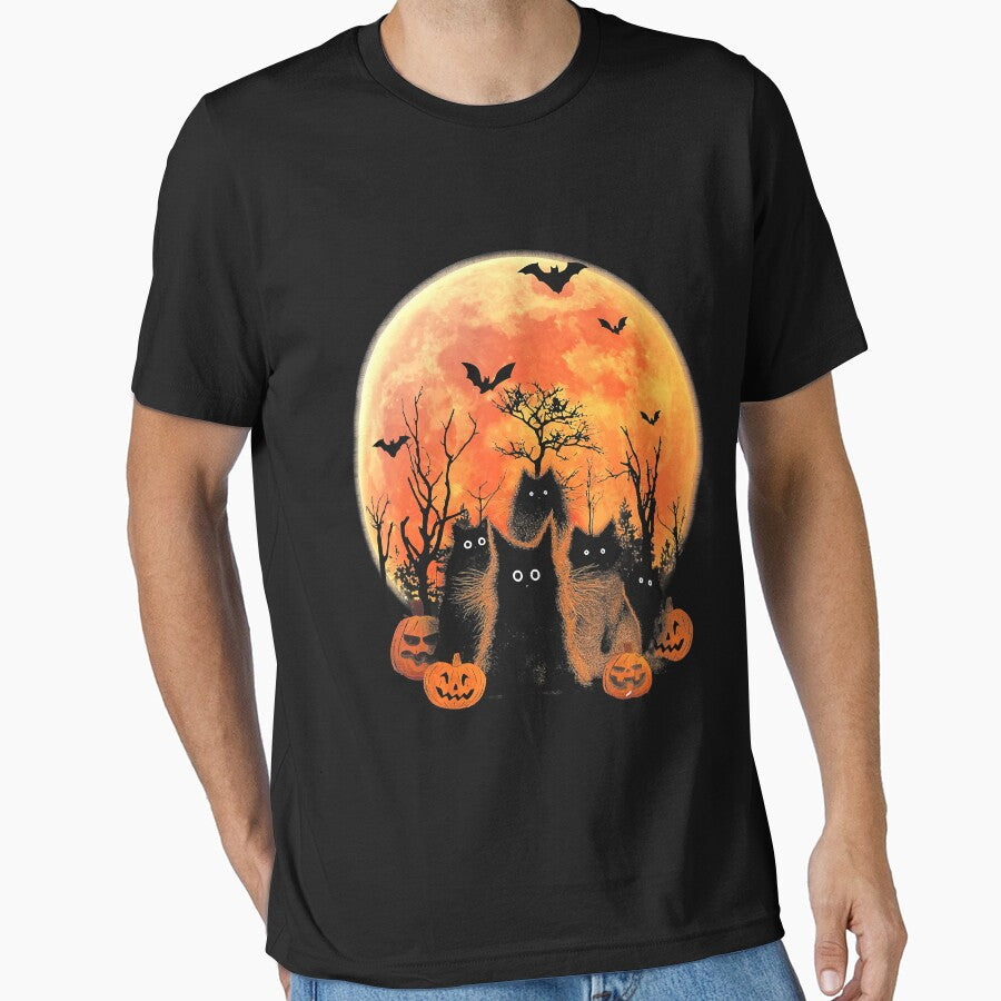 Black Cat Halloween Trick Or Treat Pumpkin Jack O Lantern T-Shirt by GrahamWalsh