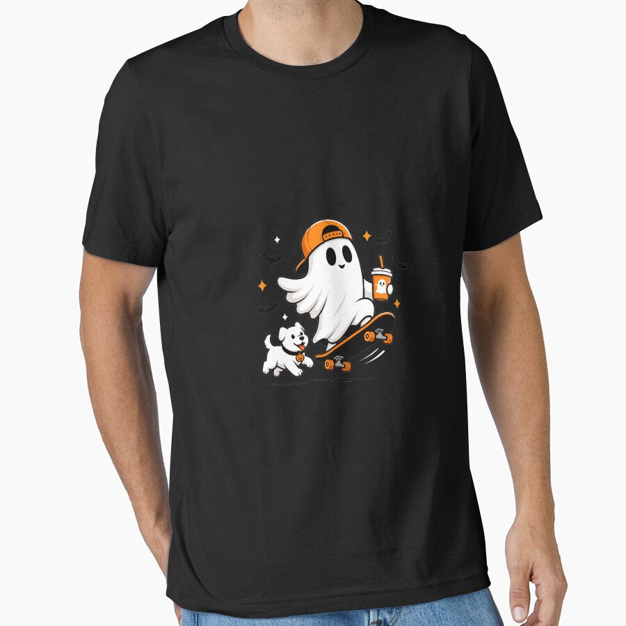 Cute Halloween Skateboarding ghost Coffee Lover with Dog by leocreatives