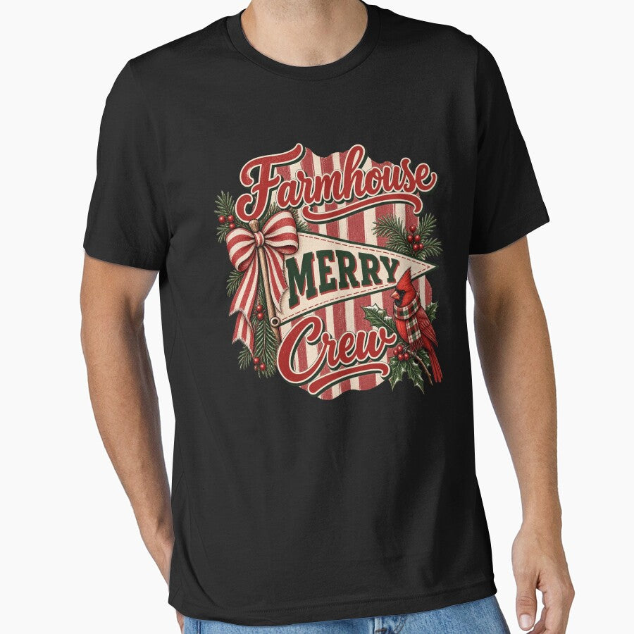 Farmhouse Merry Christmas Crew Vintage Cardinal Christmas T-Shirt by Abdelthreads