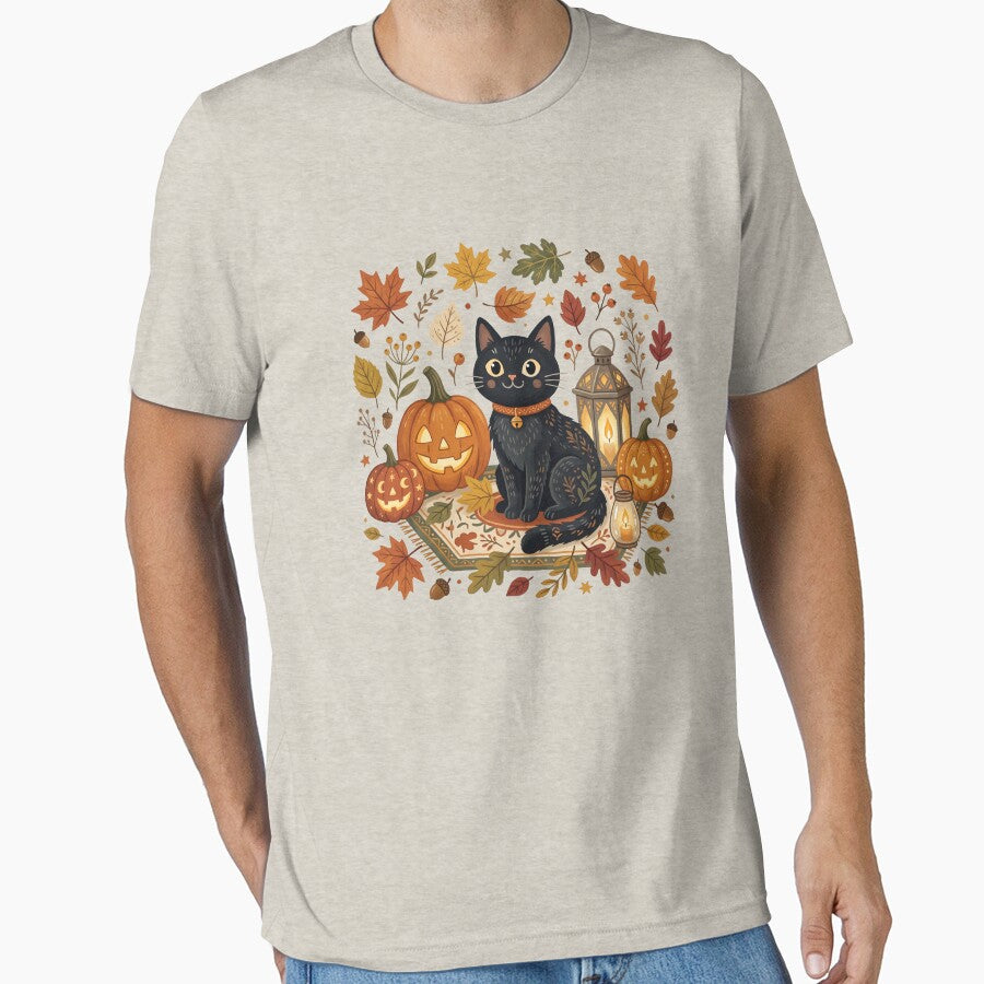 Black Cat with Pumpkins Watercolor Halloween Illustration by Biwbiwty
