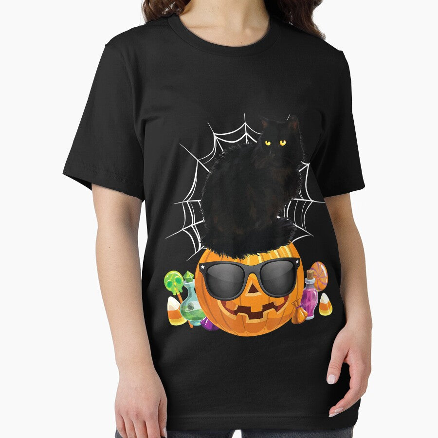 Black Cat Halloween Pumpkin Jack O' Lantern T-Shirt by GrahamWalsh