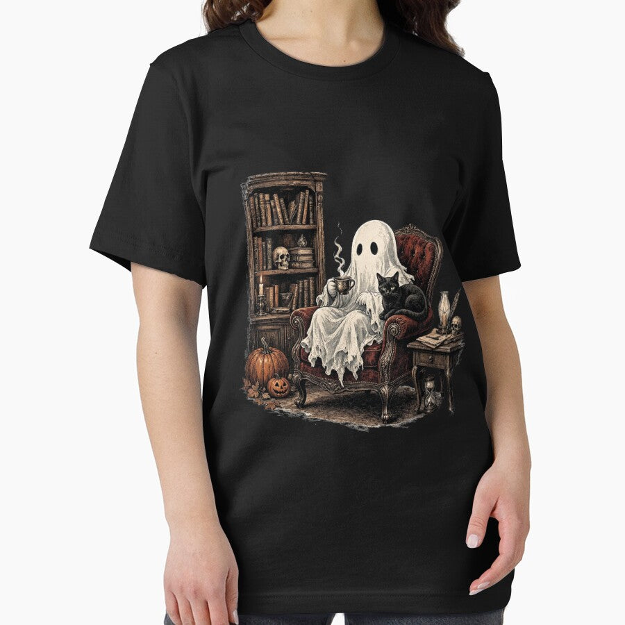 Funny Cozy Ghost Coffee with Black Cat Spooky Cute Halloween by CF_VintageDesign