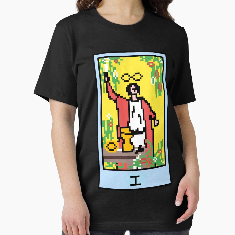 Wait, is this pixel art tarot? Black - Major Arcana 'The Magician' (Design for T-shirt, stickers and other accessories) by Pixel Waite