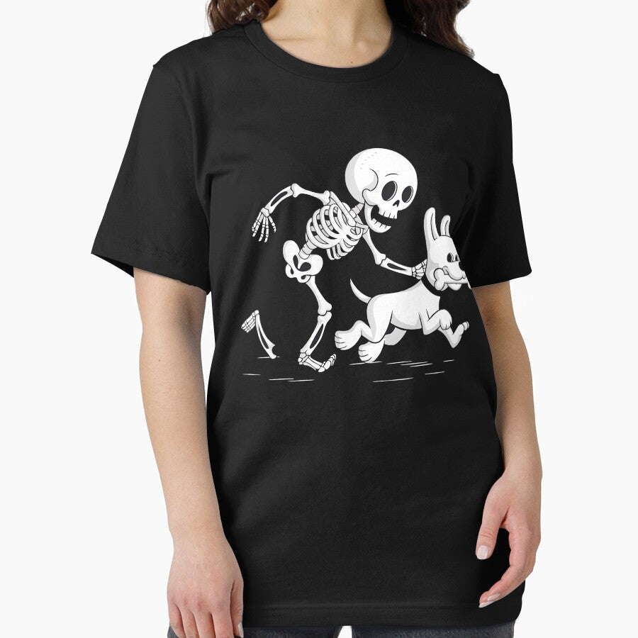 Funny Skeleton and Dog Chase Halloween Humor by Oualid Art