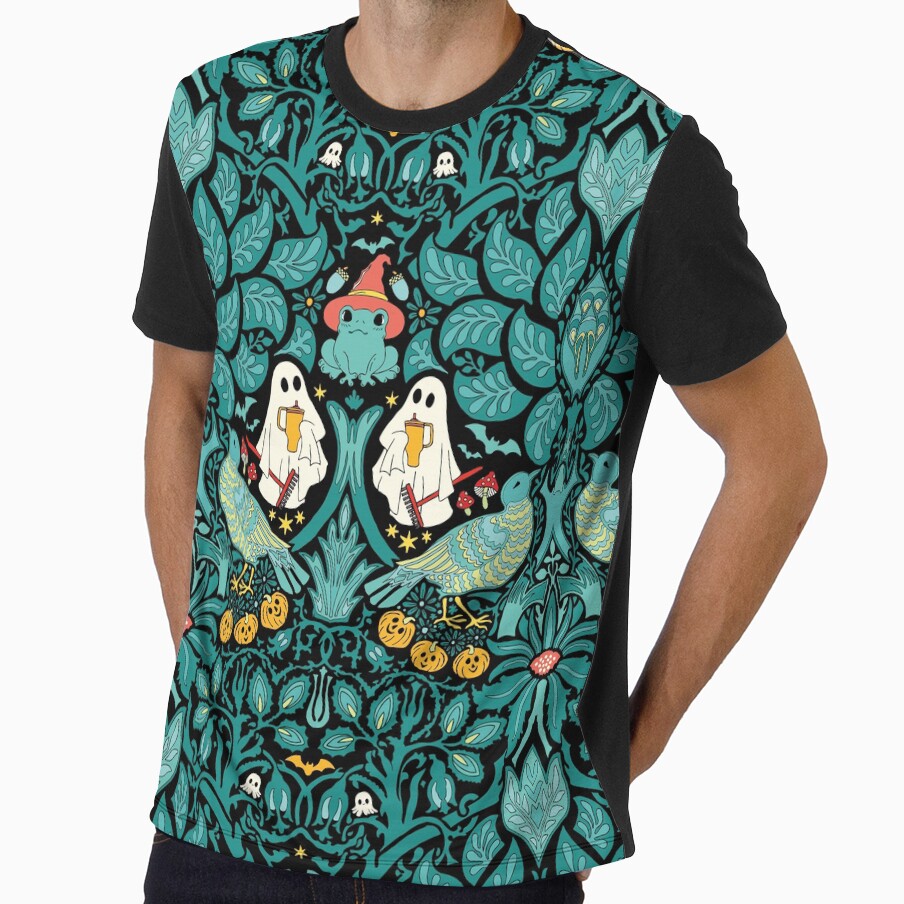 Cute Halloween Ghost Gardener in Botanical Graveyard with Frogs and Pumpkins in green by colorofmagic