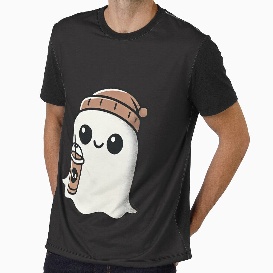 Cute Ghost with Coffee Cup and Beanie Kawaii Style by Nalin-Design