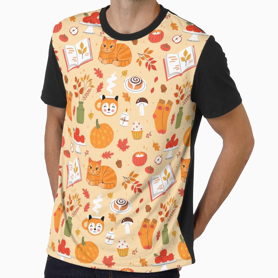 cozy autumn items and a cute cat in a loaf pose by burbura