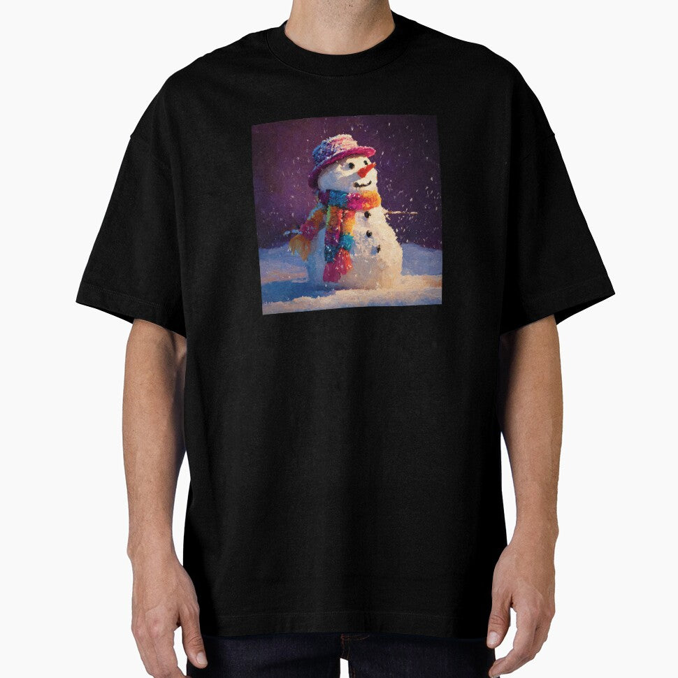 Whimsical Snowman with Colorful Scarf in Falling Snow by christmas-xmas