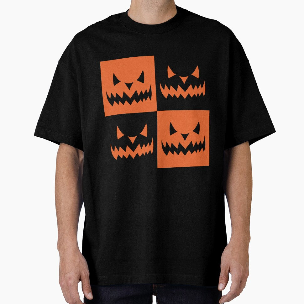 Checkered Orange and black scary face Pattern | Halloween Cute and spooky face Pattern | Halloween decor and gifts by Violet Treasures