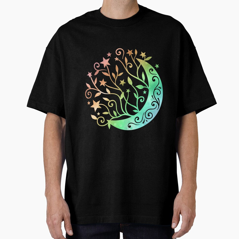 Crescent Moon With Leaves and Stars - Rainbow Glitter by murkyswamp
