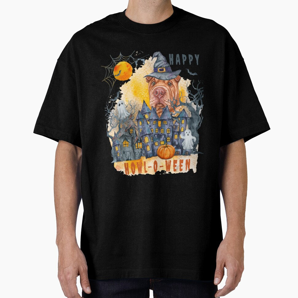 Shar pei Happy Howl-o-ween Ghost Houses Funny Watercolor by Cuddlythopia
