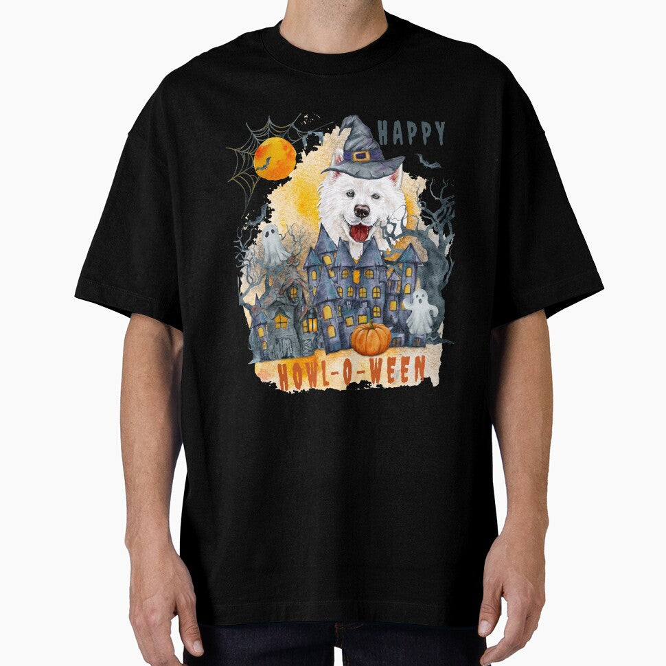 Samoyed Happy Howl-o-ween Ghost Houses Funny Watercolor by Cuddlythopia