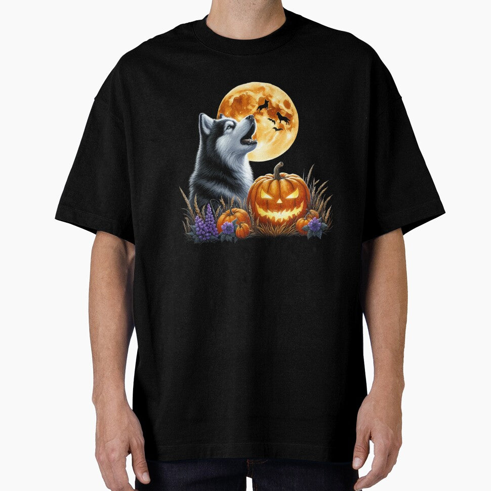 Husky howling at a glowing pumpkin-shaped full moon by GogoGrove