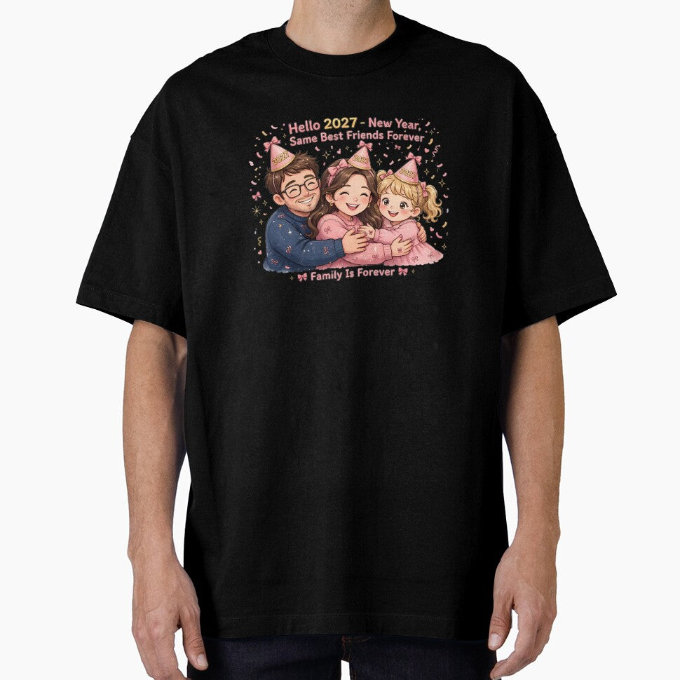 Hello 2027 - New Year Same Best Friends Forever Family Cartoon - Coquette Pink Bow Family by HoMya
