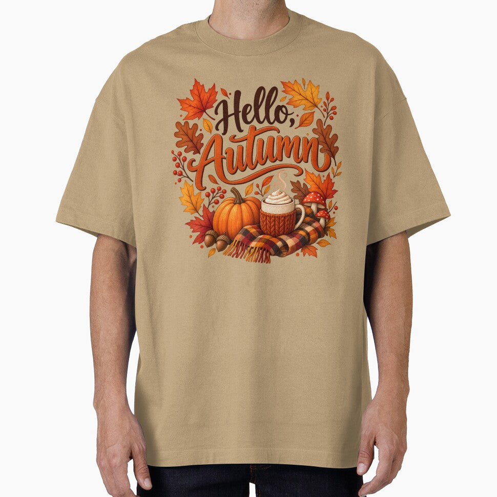 Hello Autumn – Cozy Pumpkin Coffee & Fall Leaves by blankTeeShirt