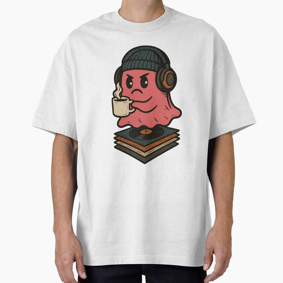 Coffee & Vinyl Ghost T-Shirt | Chill Ghost with Coffee and Records Tee, Retro Music Lover Vibes, Cute Minimal Aesthetic by Vendeloc
