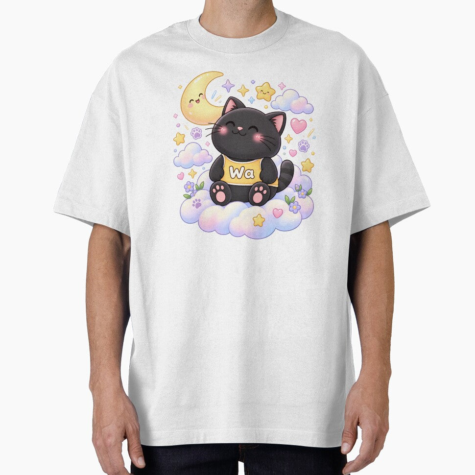 Kawaii Black Cat Watching the Crescent Moon Cute Cartoon Animal Design by Wawa5656