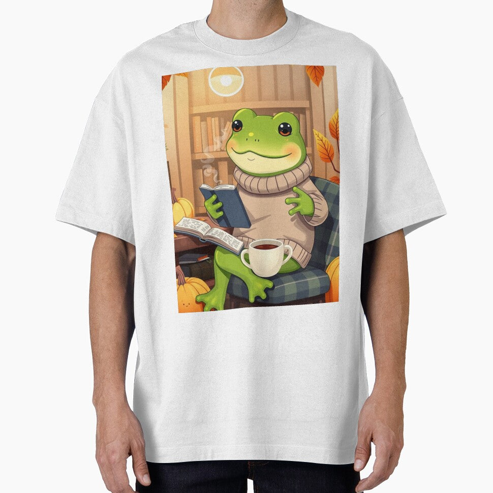 Wholesome Frog Reading T-Shirt | Cozy Autumn Animal Art | Cute Fall Tee by ArmaanArts