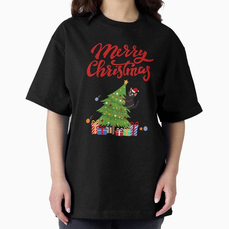 santa black cat tangled up in christmas tree lights holiday by PotluckPrints