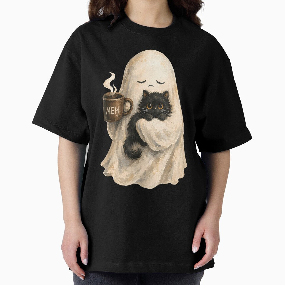 Cozy Ghost Hugging Black Cat with Coffee Halloween by VioletNance