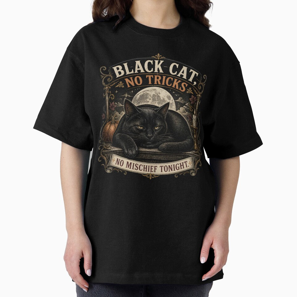 BLACK CAT, NO TRICKS No Mischief Tonight Halloween Gothic Engraving by BernoNickel