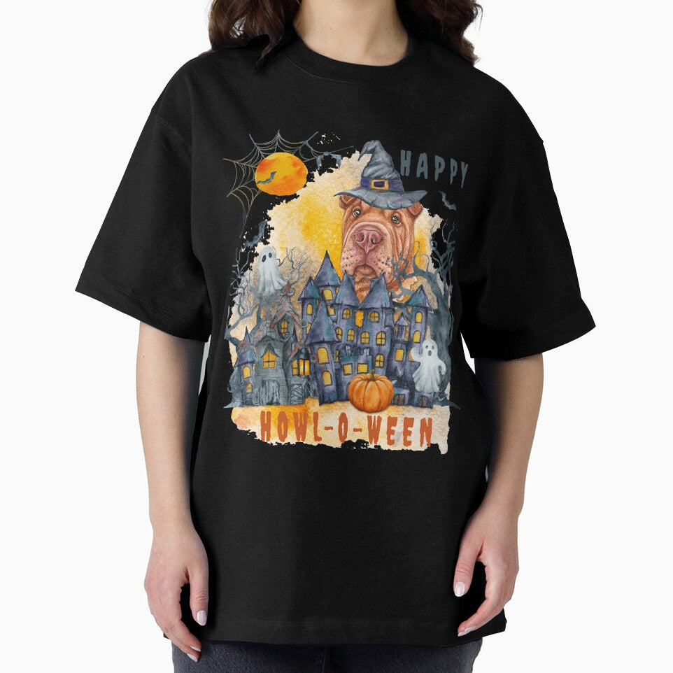 Shar pei Happy Howl-o-ween Ghost Houses Funny Watercolor by Cuddlythopia