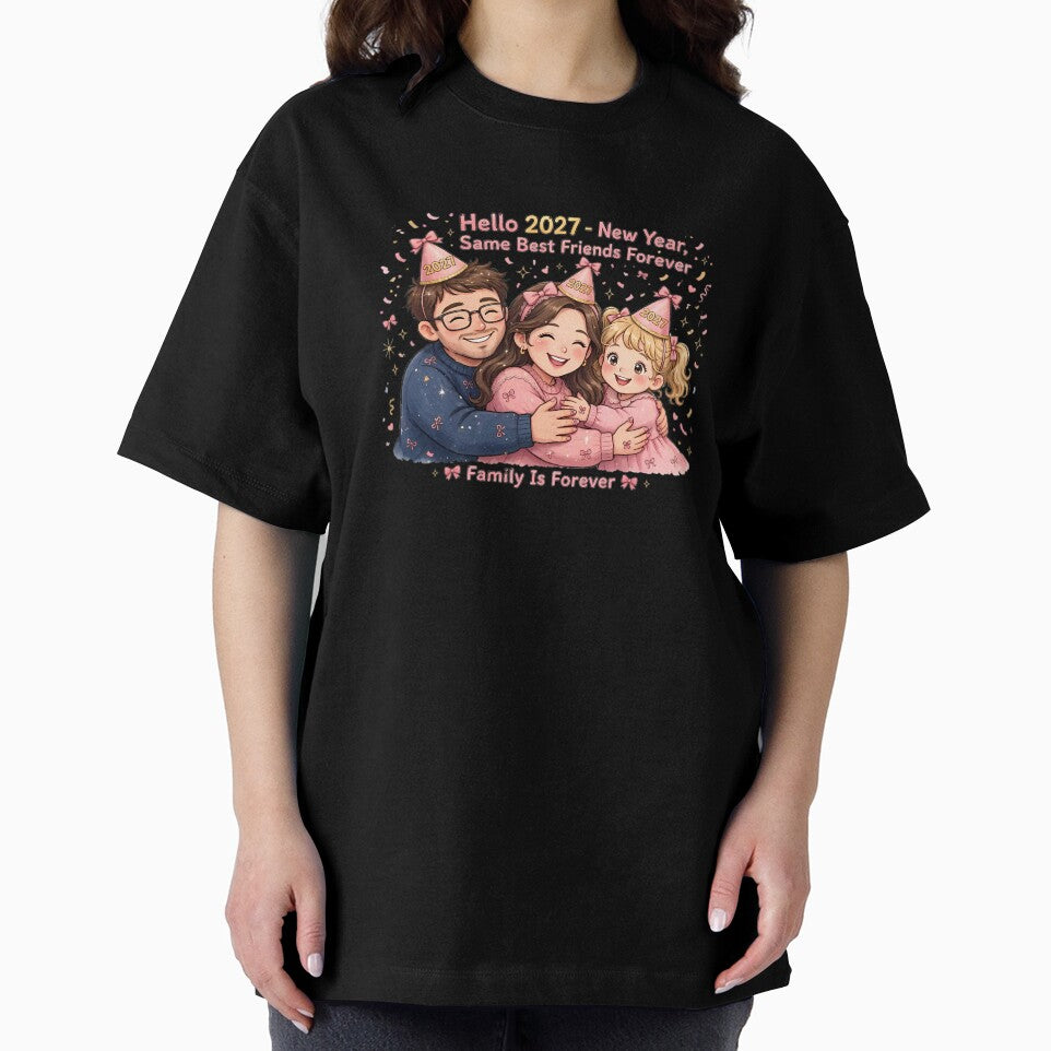 Hello 2027 - New Year Same Best Friends Forever Family Cartoon - Coquette Pink Bow Family by HoMya