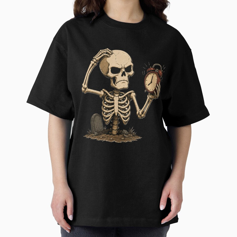 Funny Halloween Skeleton Waking Up Too Early – Vintage Alarm Clock Cartoon by Jollivane Studio