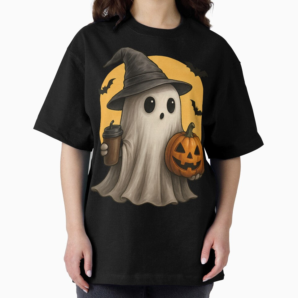 Cute Halloween Ghost with Coffee and Pumpkin Illustration by Aurora Prints