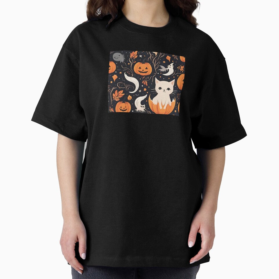 Vintage Halloween Cat with Pumpkins, Ghosts, and Fall Foliage Pattern by RainnzStickerz