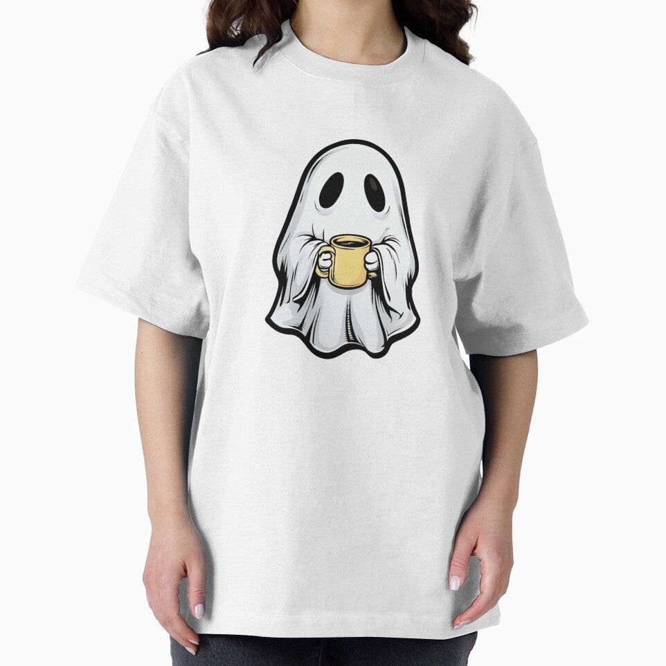 Cute Cartoon Ghost with Coffee Mug Illustration by RuweisVibes
