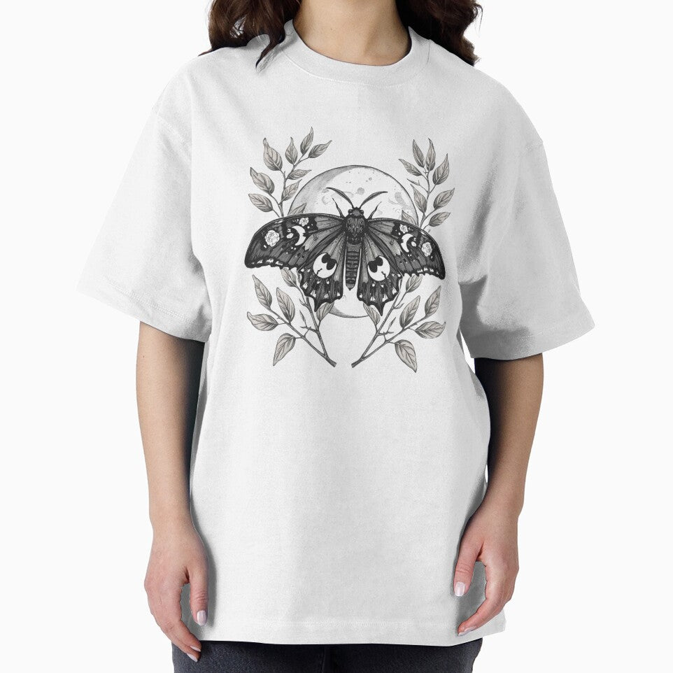 Gothic Moth & Moon — Black and White Floral Crescent Illustration by usa-Tshirt