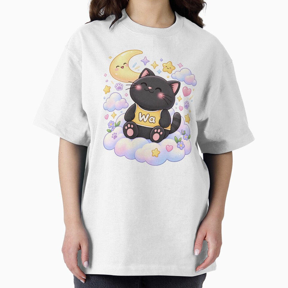 Kawaii Black Cat Watching the Crescent Moon Cute Cartoon Animal Design by Wawa5656