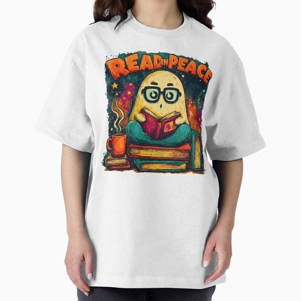 Read in Peace – Cute Ghost Reading Art, Funny Book Lover Design, Cozy Coffee & Books Illustration by AtotheTwoDesign