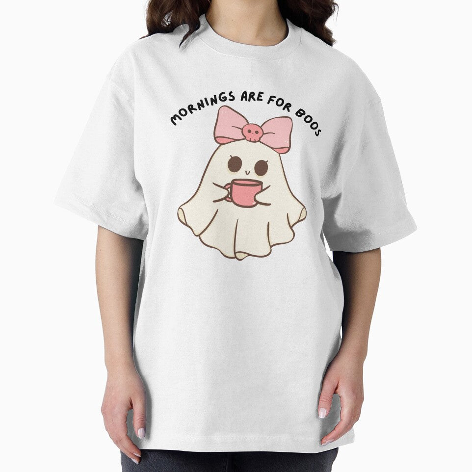 Cute ghost with a pink bow and a skull drinking coffee by mysummerland