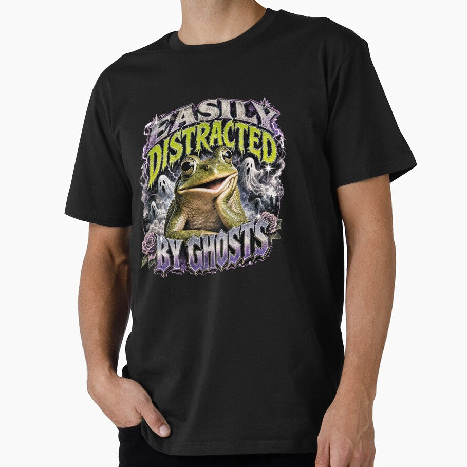 Easily Distracted By Ghosts Frog T-Shirt | Funny Halloween Toad Spooky Purple Roses Realistic Graphic Art Gift by illeN-Art-World