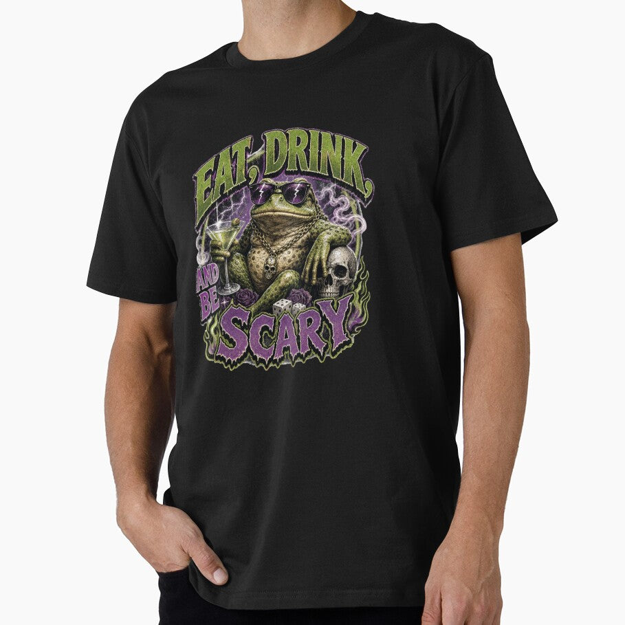Eat Drink And Be Scary Frog Cocktail T-Shirt | Funny Halloween Party Toad Sunglasses Martini Skull Purple Gift by illeN-Art-World