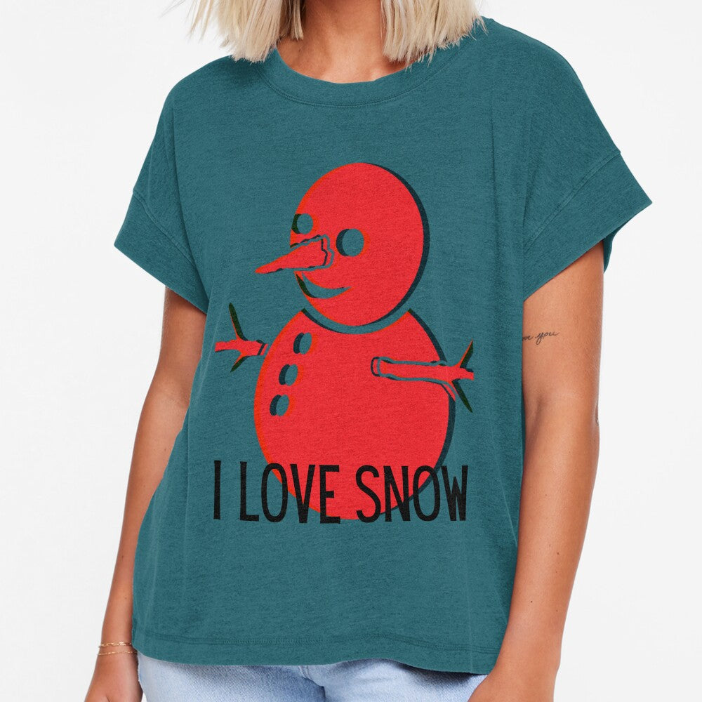 FUN RED SNOWMAN SAYING I LOVE SNOW. by marie1919