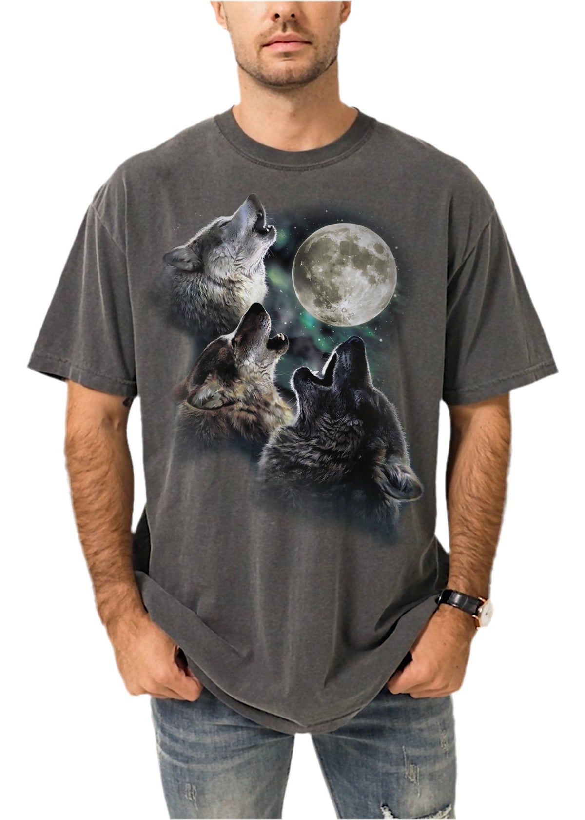 Three Wolves Howling At Moon