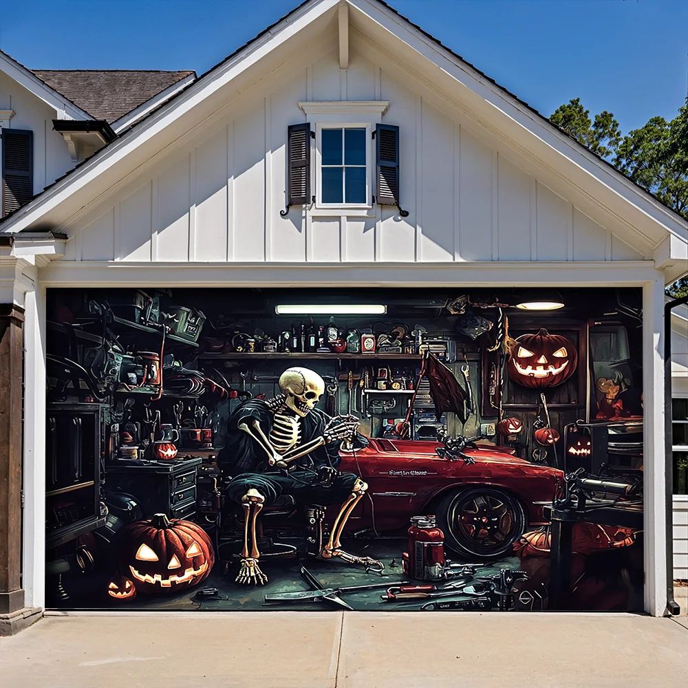 Skeleton Motor Garage Halloween Garage Door Banner