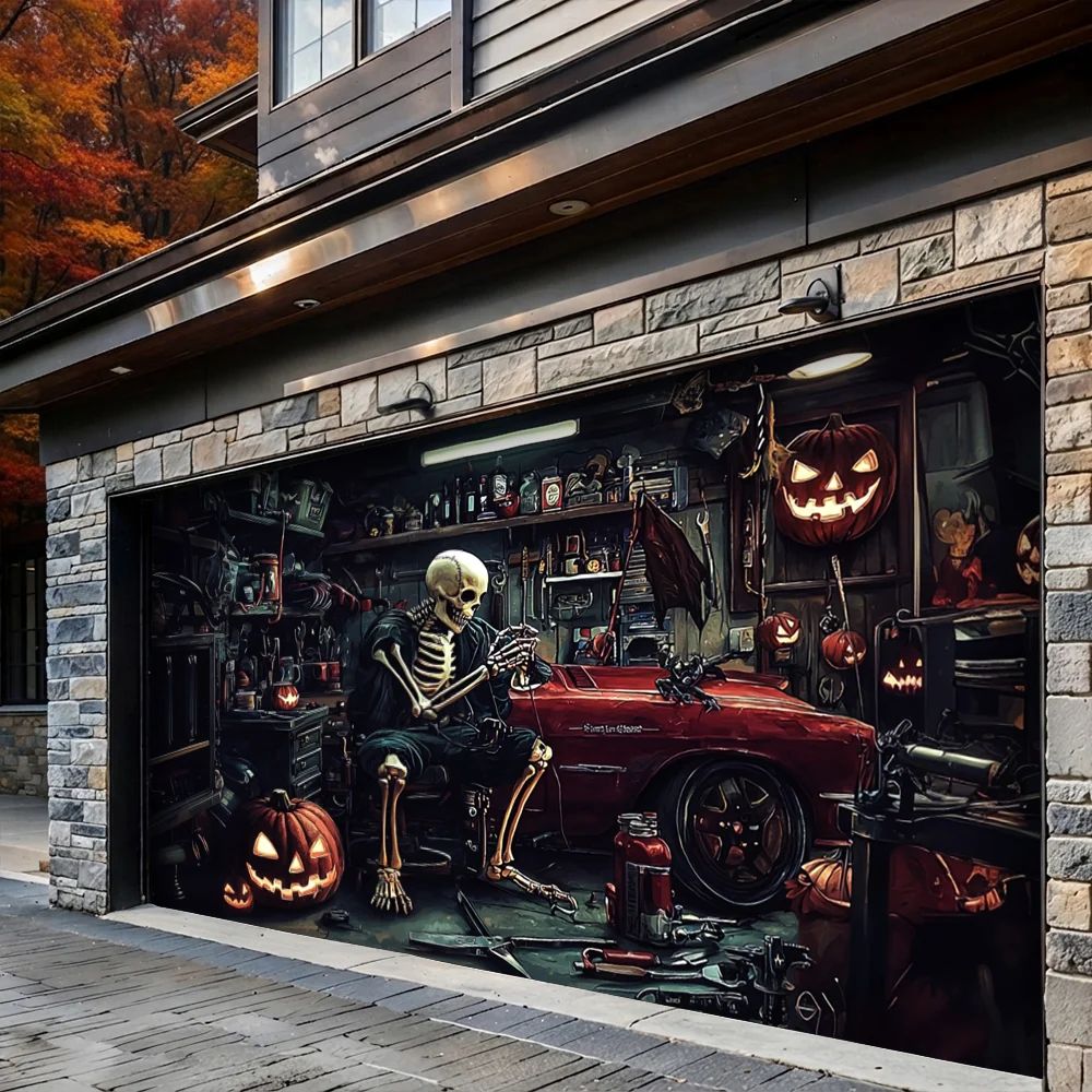 Skeleton Motor Garage Halloween Garage Door Banner